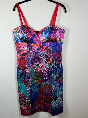 Boston Proper Sheath Dress Vibrant Color Pattern Strappy Sweetheart Neck Mini 10
